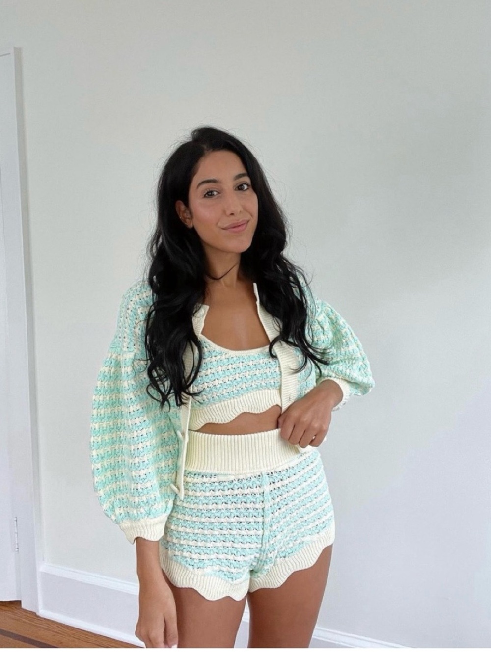 Revolve For Love & Lemons Cream and Light Blue Knit Cardigan & Crop Top Set